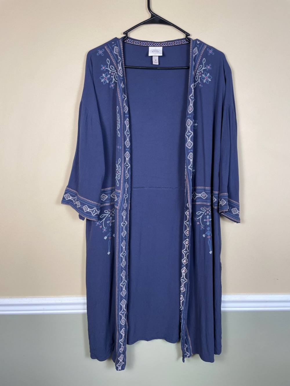 Knox Rose Women’s Boho Embroidered Cross Stitch Blue Kimono Cardigan
